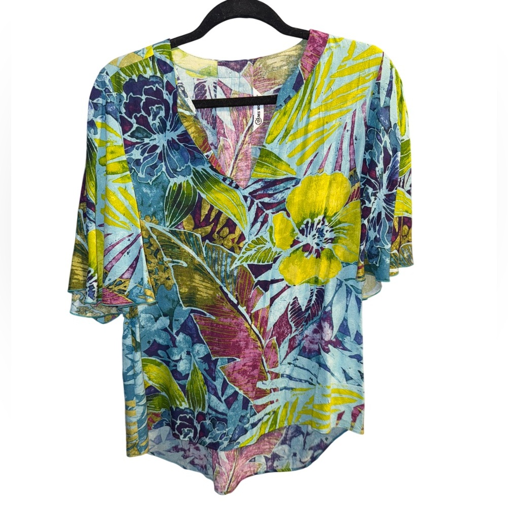 Jams World Rain Tropic‎ Floral Hawaiian Blouse with flutter sleeves